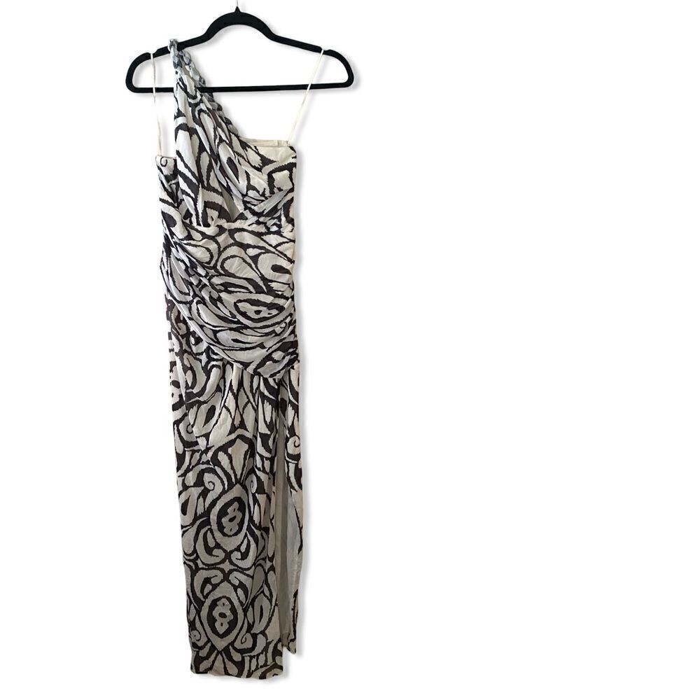 Nicholas Drue Draped Asymmetrical Midi Dress black white print braid Revolve 12 - Picture 9 of 14